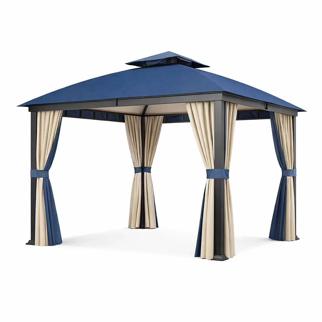 Gazebo in Metallo per Esterni con Tettoia in Tessuto Poliestere Blu e Beige-ELITEFURNZ