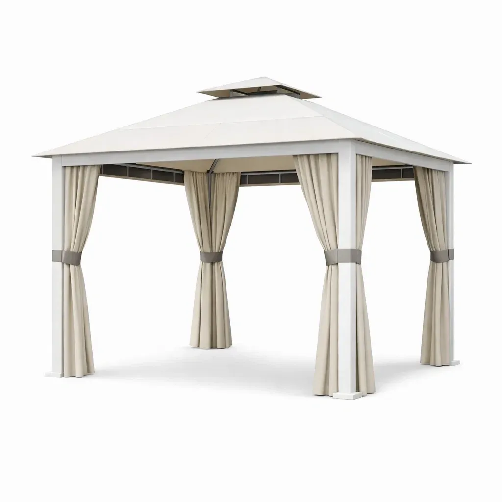 Gazebo in Alluminio con Tetto in Policarbonato e Tende in Poliestere Beige-ELITEFURNZ