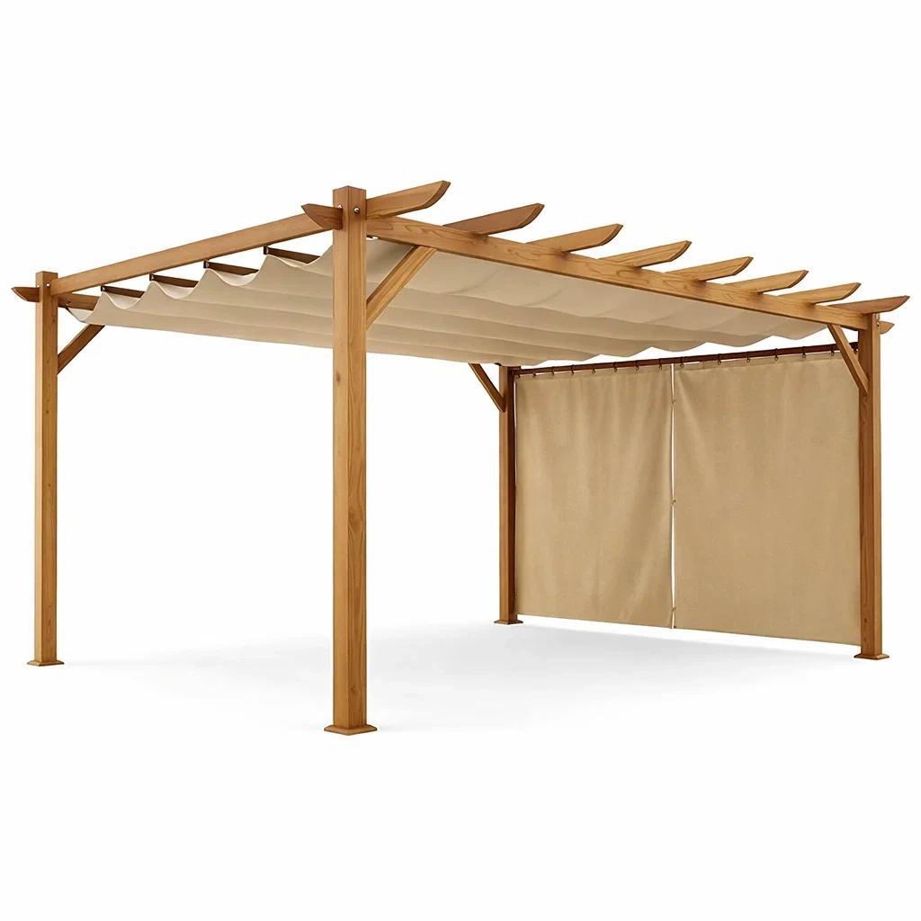 Pergola in Legno e Tessuto Poliestere con Tetto Scorrevole Beige-ELITEFURNZ