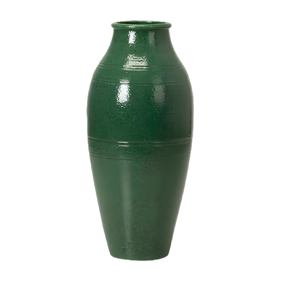 Vintage Emerald Green Glazed Ceramic Floor Vase - Ribbed Texture Tall Decorative Pottery-eyhardware.com