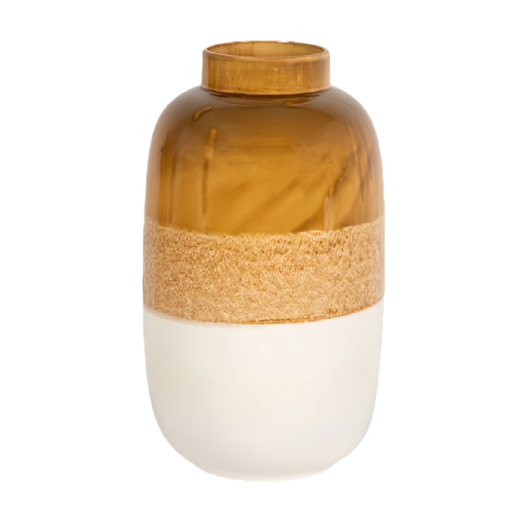 Contemporary Three-Tone Ceramic Vase - Amber Glass Effect and Matte White Decorative Jar-eyhardware.com