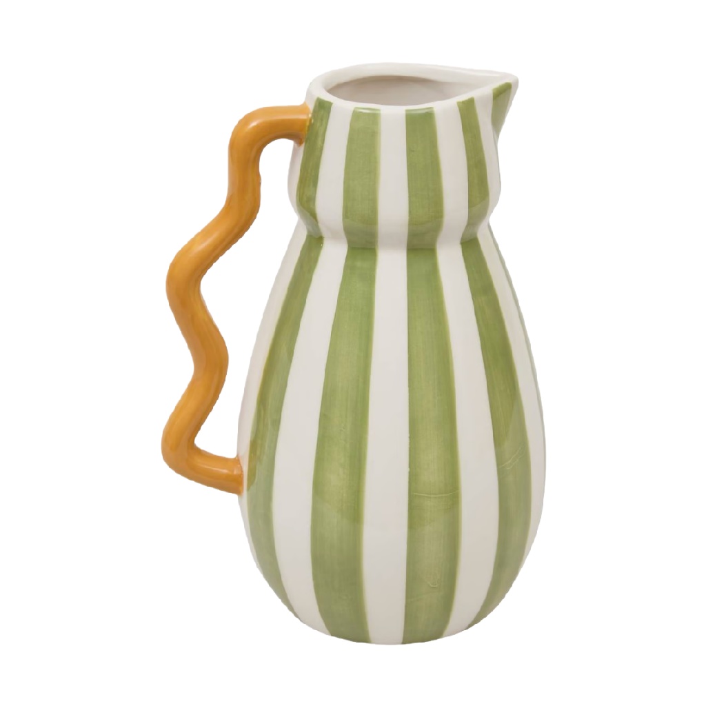Green and White Striped Ceramic Pitcher Vase with Handle-natashahinson.shop