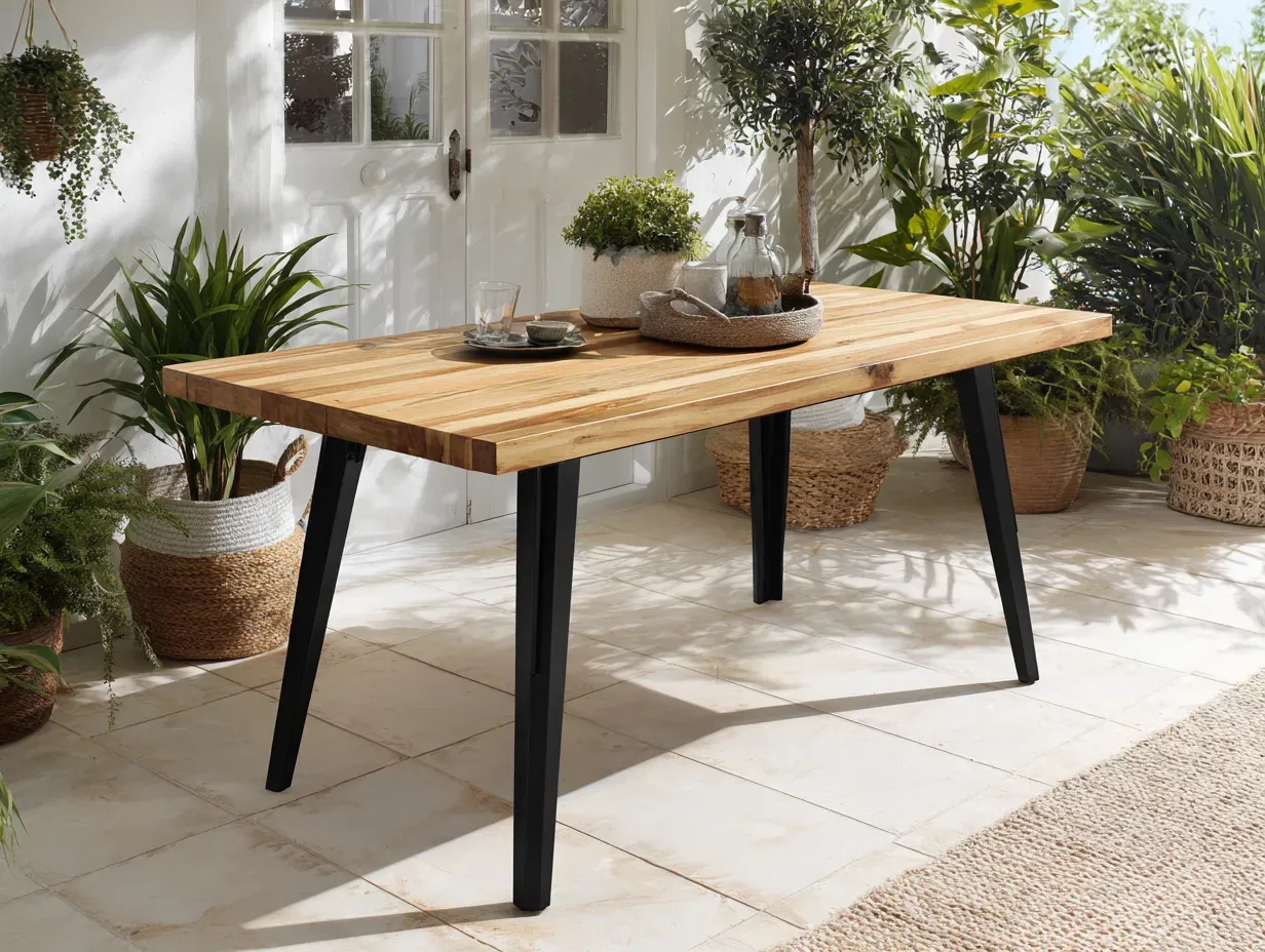 Table de jardin - bois-métal - 205x95x75 cm - marron-noir - style contemporain-Cottamyhome