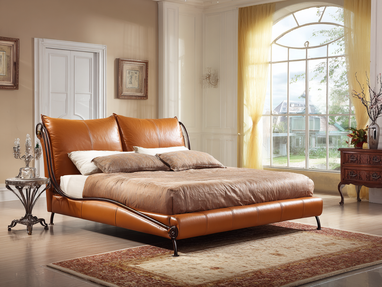 Camas dobles-cuero-212x170x98 cm-marrón-estilo clásico-Habitatsta