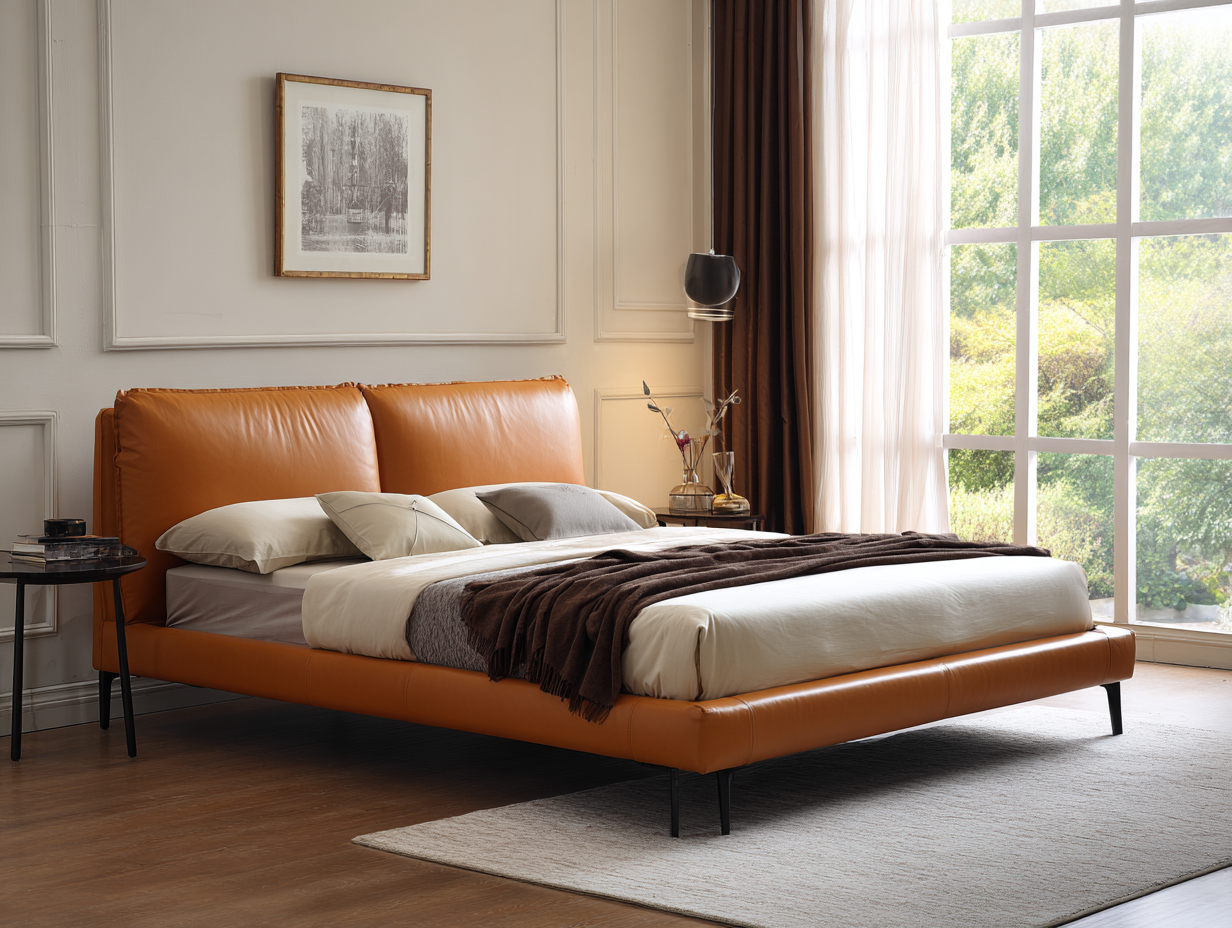 Camas dobles-cuero-205x165x95 cm-marrón-estilo moderno-Habitatsta