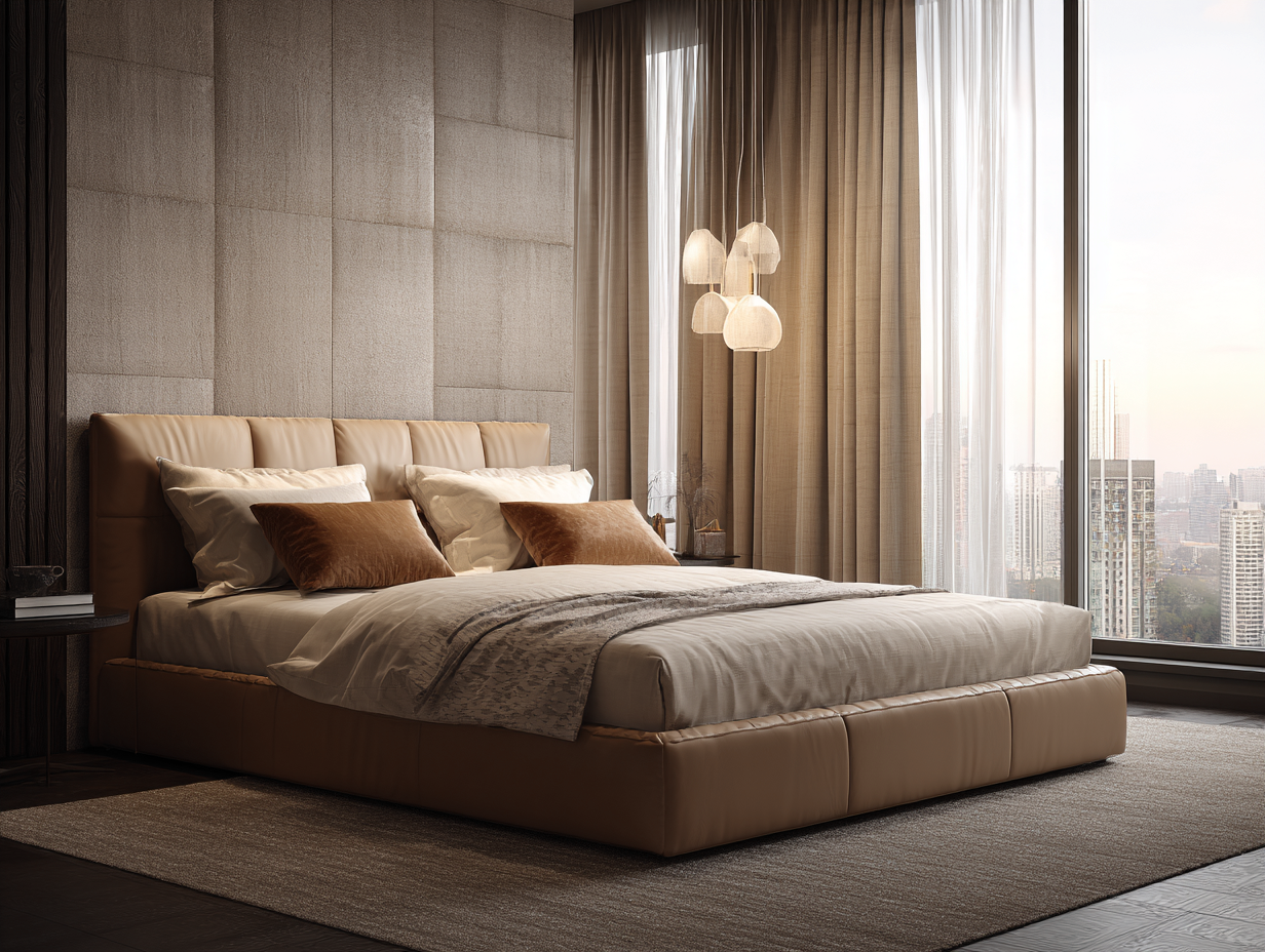 Camas dobles-cuero-208x168x92 cm-marrón claro-estilo moderno-Habitatsta