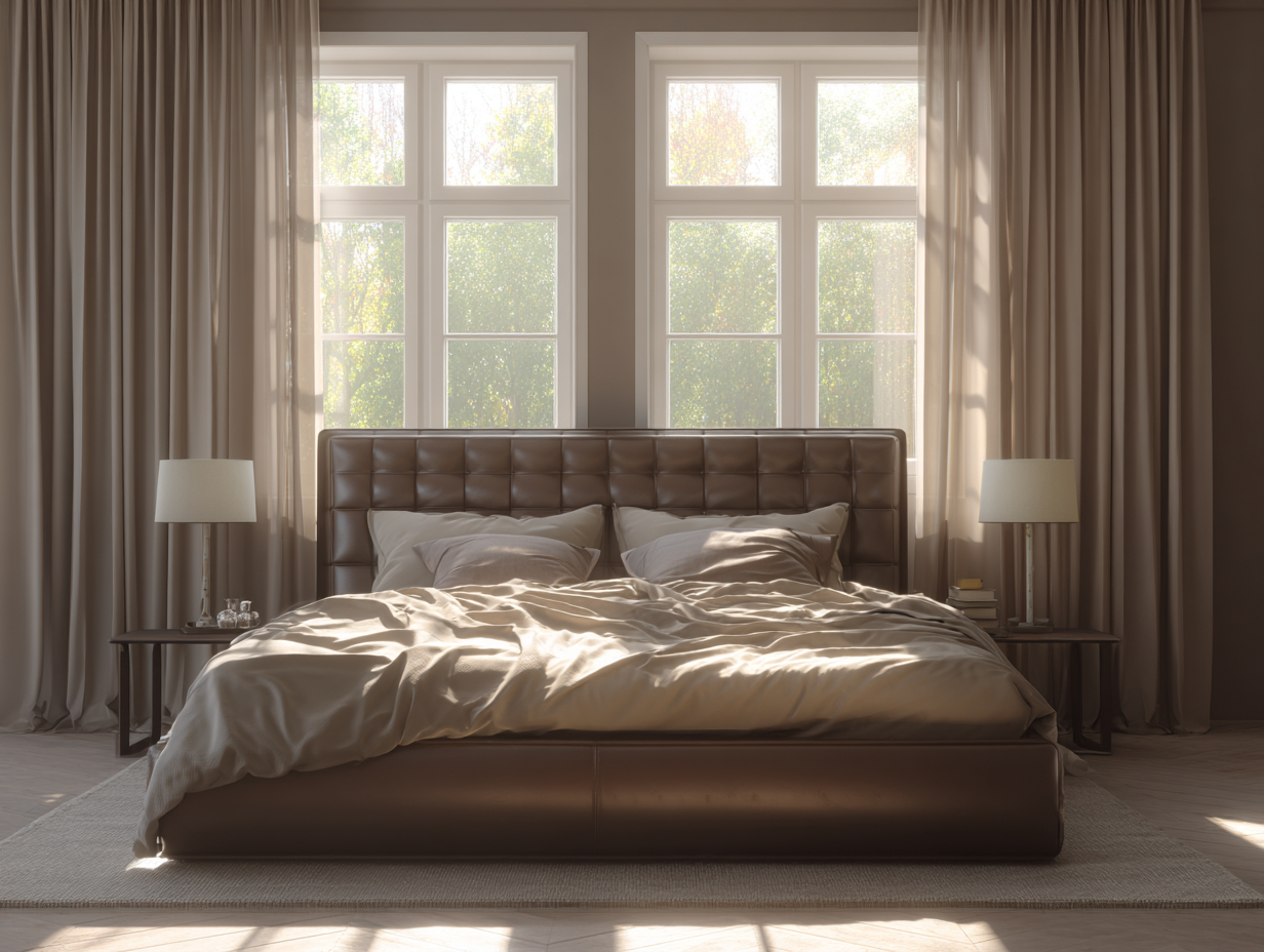 Camas dobles-cuero sintético-208x162x102 cm-marrón-estilo contemporáneo-Habitatsta