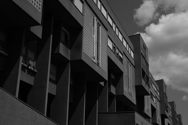 A black and white cityscape