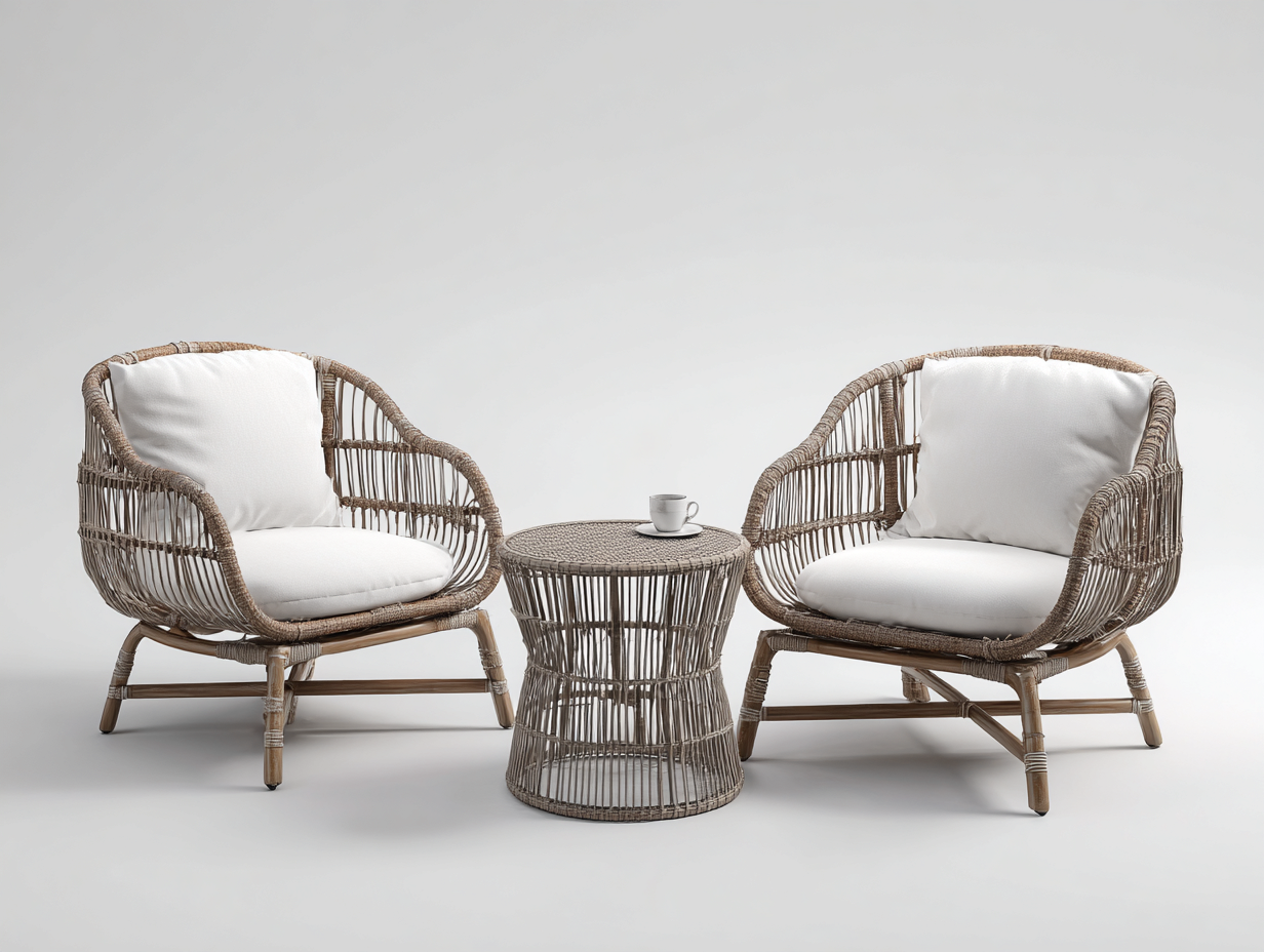 Garden Armchairs Set with Coffee Table – Brown / Beige – Rattan Outdoor Seating