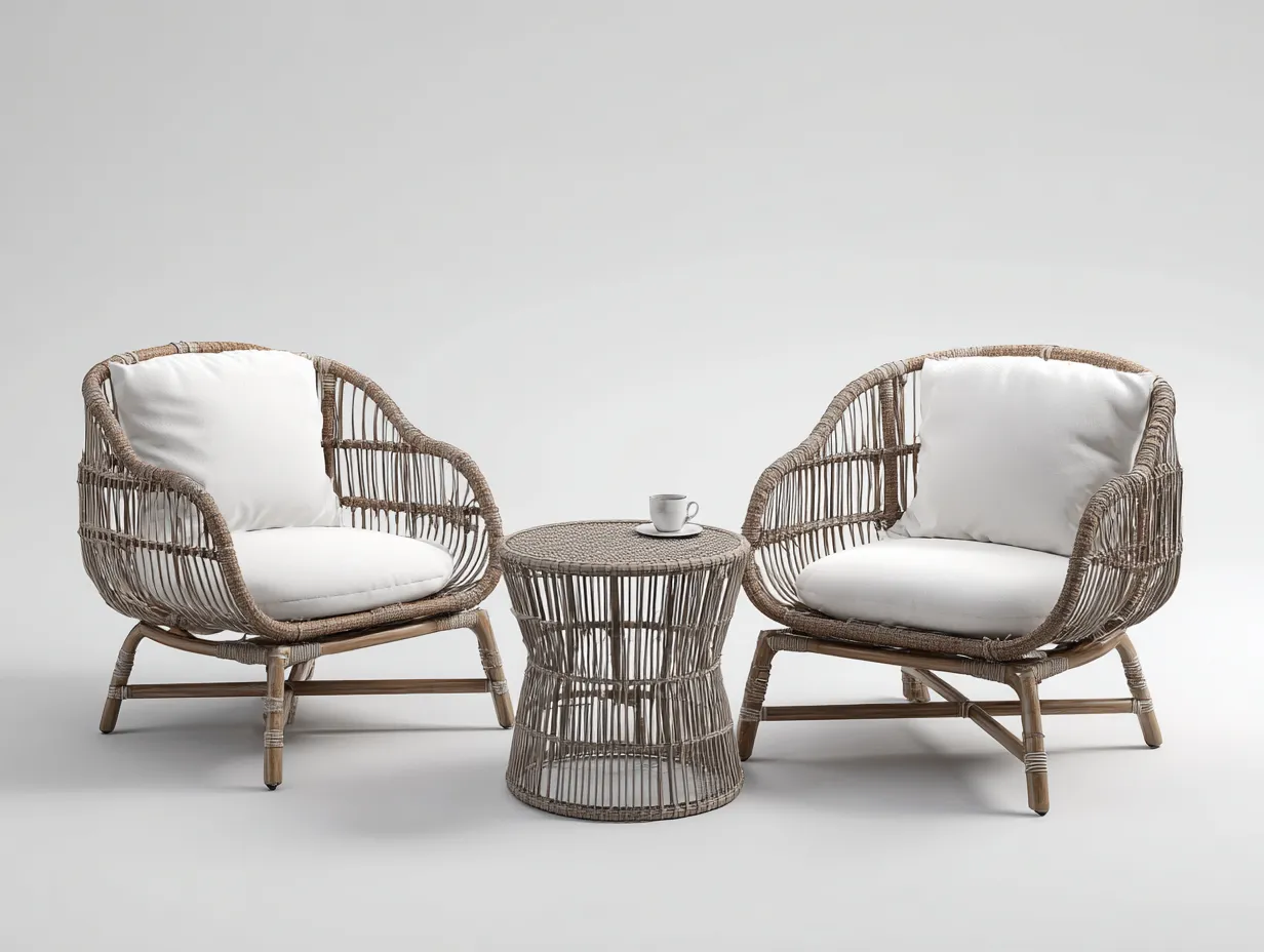 Garden Armchairs Set with Coffee Table – Brown / Beige – Rattan Outdoor Seating