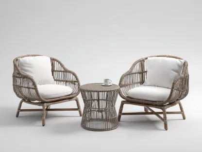 Garden Armchairs Set with Coffee Table – Brown / Beige – Rattan Outdoor Seating