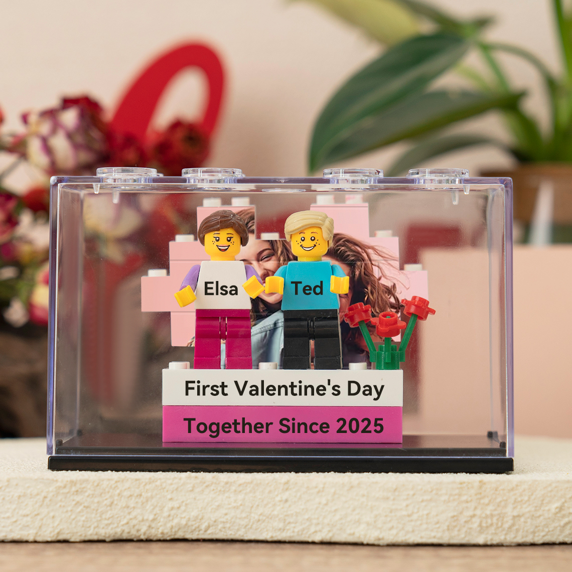 Custom Couple Figure Box with Brick Photo Valentine's Day Gift For Boyfriend Girfriend