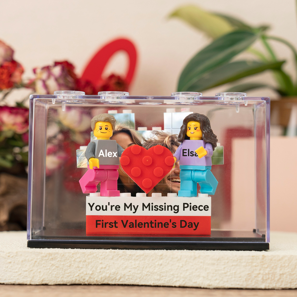 Custom Couple Figure Box with Brick Photo Valentine's Day Gift For Boyfriend Girfriend