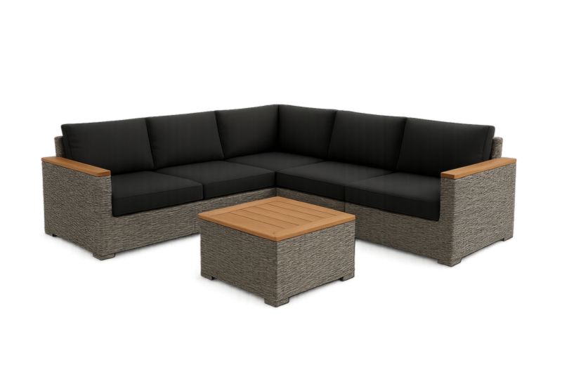 Ensemble salon de jardin en résine tressée et bois d'acacia avec coussins noirs