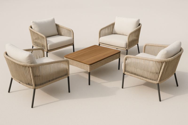 Ensemble de jardin en rotin avec coussins crème et table en bois massif, 4 fauteuils