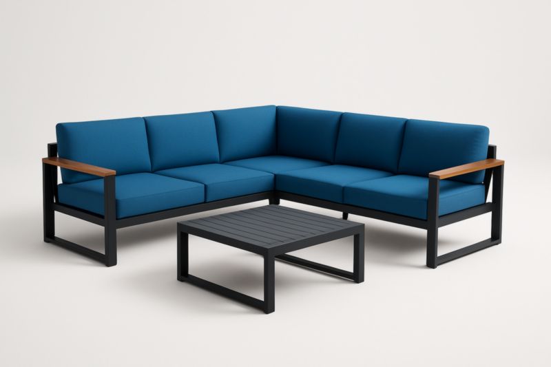 Canapé d'angle de jardin en aluminium avec table basse et coussins bleus