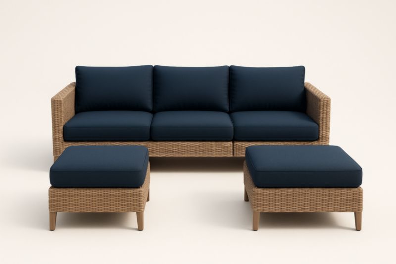 Ensemble de jardin avec canapé en rotin PE bleu et 2 repose-pieds