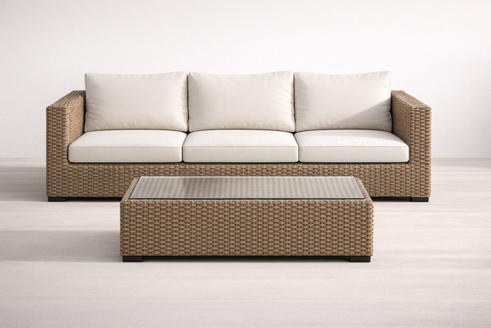 Ensemble Canapé et Table Basse en Résine Tressée Beige Coussins en Polyester et Set en Verre Trempé