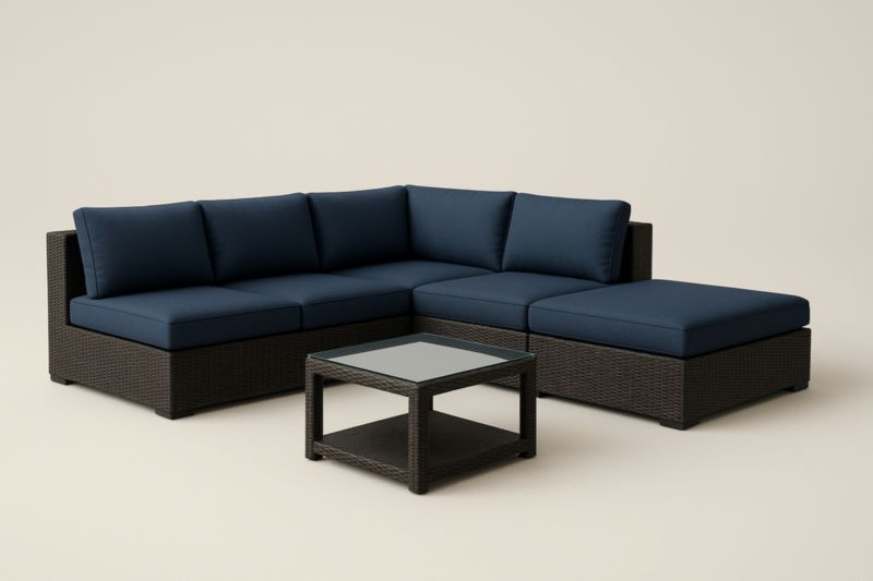 Ensemble de canapé d'angle en résine tressée avec coussins en polyester Bleu et table basse en verre