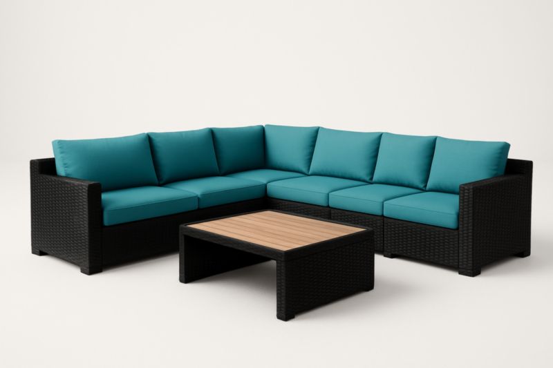 Ensemble de salon d'extérieur en résine tressée noire avec coussins turquoise et table basse en bois d'acacia