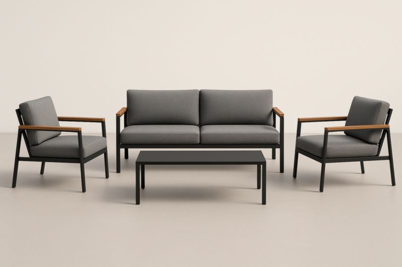 Ensemble salon extérieur en aluminium avec coussins gris et structure noire