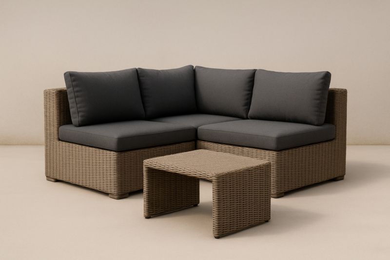 Ensemble de salon d'extérieur en rotin synthétique beige coussins gris