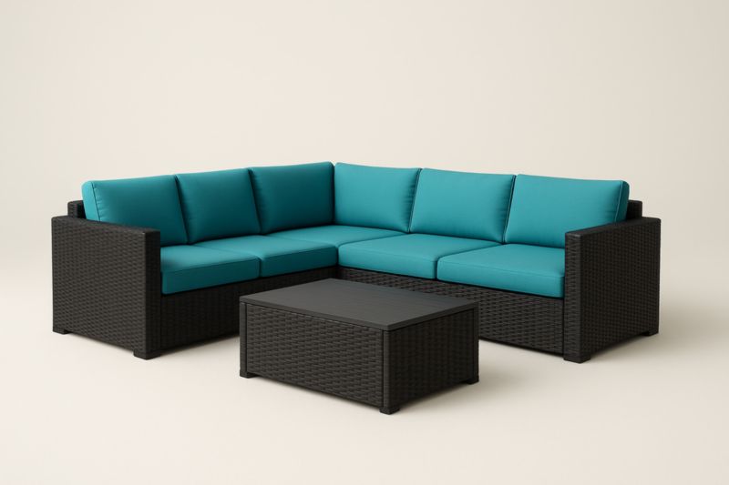 Ensemble de canapé d'angle en résine tressée avec coussins bleu