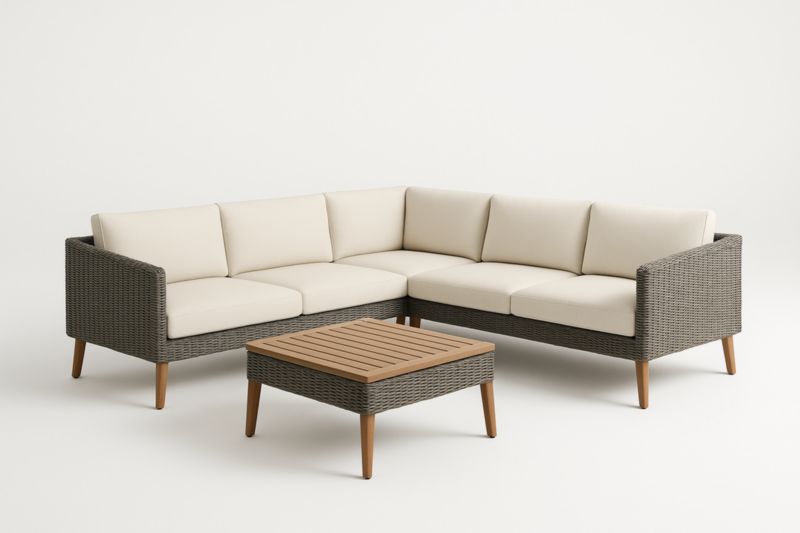 Canapé d'angle extérieur en polyéthylène avec table basse en bois d'acacia