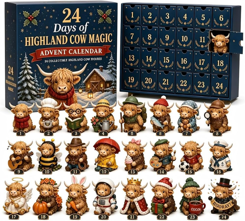🐮 24 Days of Highland Cow Magic Advent Calendar | 24 Collectible Christmas Highland Cow Figurines, Holiday Surprise Blind Box Set