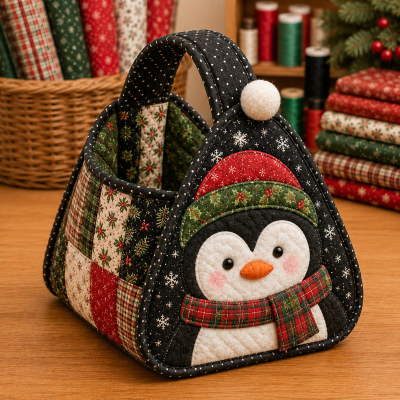 Christmas Quilted Carry Basket Sewing Kit
