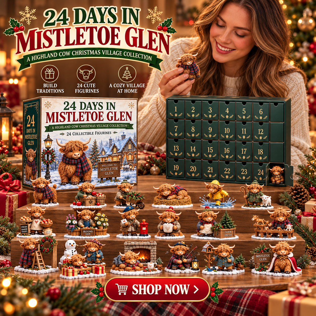 🐮 24 Days in Mistletoe Glen Advent Calendar 🎄 | 24 Highland Cow Christmas Village Miniatures Blind Box, Gift for Cow Lovers 