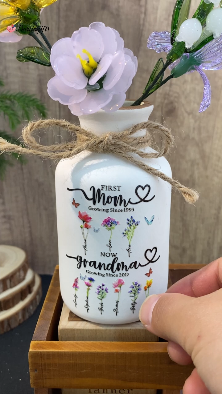 Personalized Birth Flower Vase with Glass Flower Mother's Day Gift Keepsake Gift For Mom/Grandma