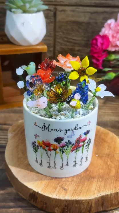 Custom Birth Flower Pot with Mini Glass Flower Spring Decoration Mother's Day Gift