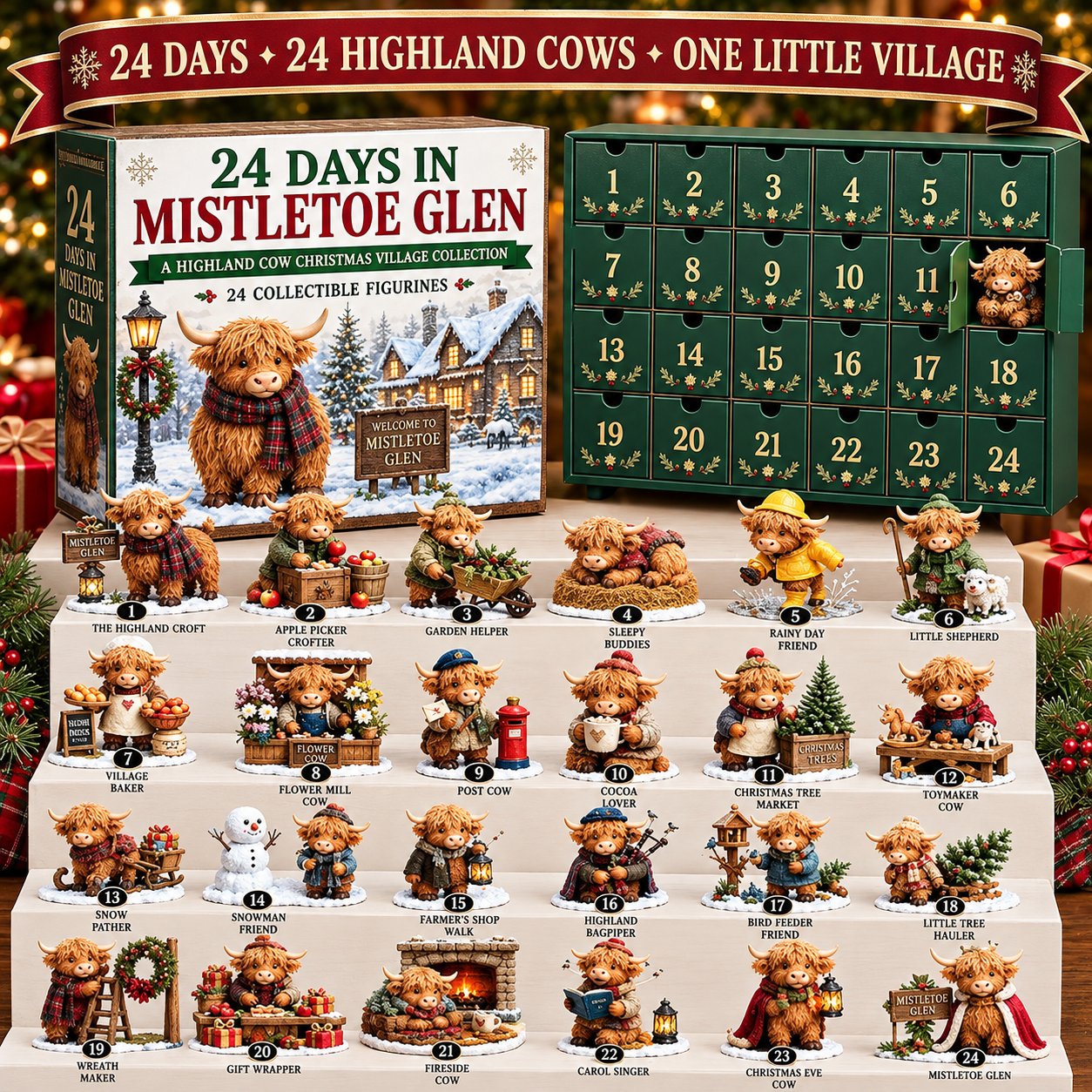 🐮 24 Days in Mistletoe Glen Advent Calendar 🎄 | 24 Highland Cow Christmas Village Miniatures Blind Box, Gift for Cow Lovers  ### 超短版（广告标题）