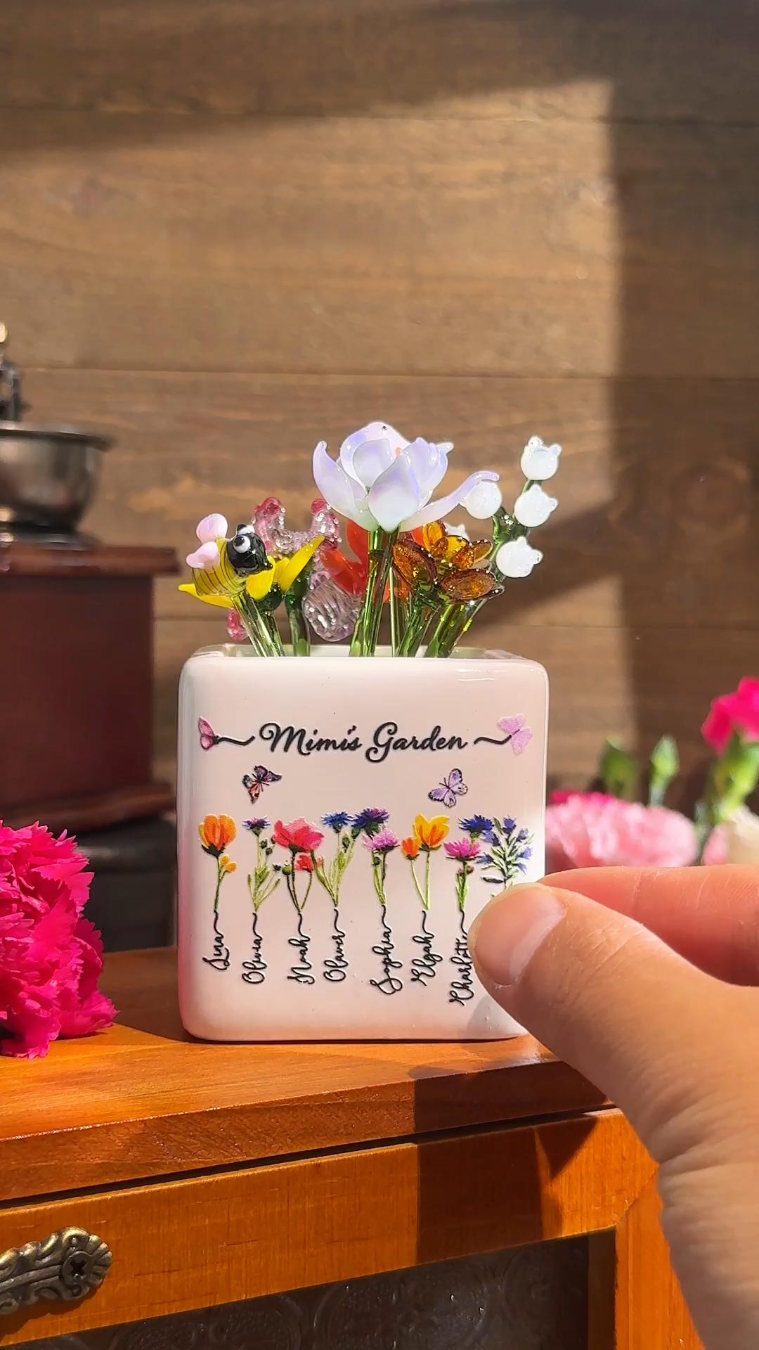 Custom Birth Flower Pot with Mini Glass Flower Keepsake Gift Mother's Day Gift