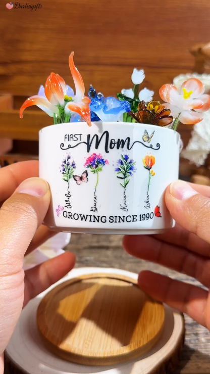 Custom First Mom Now Grandma Birth Flower Pot with Mini Glass Flower Keepsake Gift Mother's Day Gift