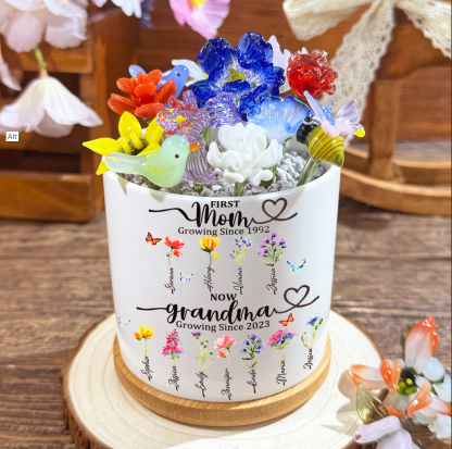 Custom Mini Glass Birth Month Flower with Custom Flower Pot Mother's Day Gift