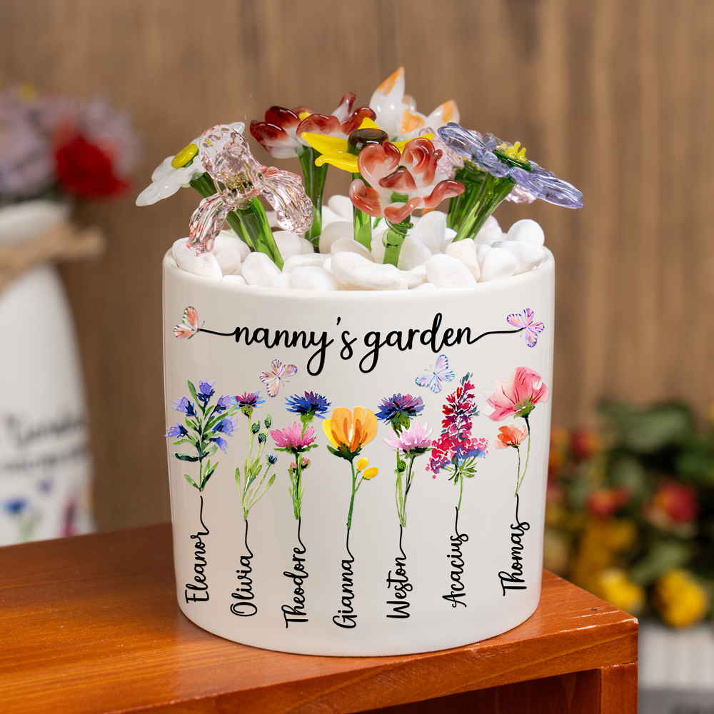 Custom Nanny's Garden Birth Flower Pot with Mini Glass Flower Keepsake Gift Mother's Day Gift