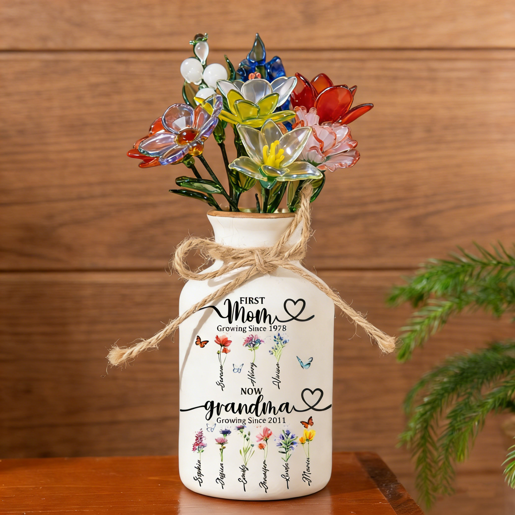 Personalized Birth Flower Vase with Glass Flower Mother's Day Gift Keepsake Gift For Mom/Grandma