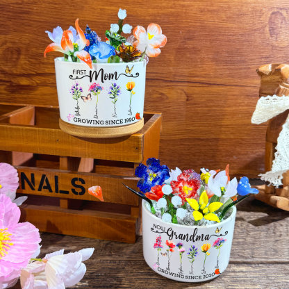 Custom First Mom Now Grandma Birth Flower Pot with Mini Glass Flower Keepsake Gift Mother's Day Gift