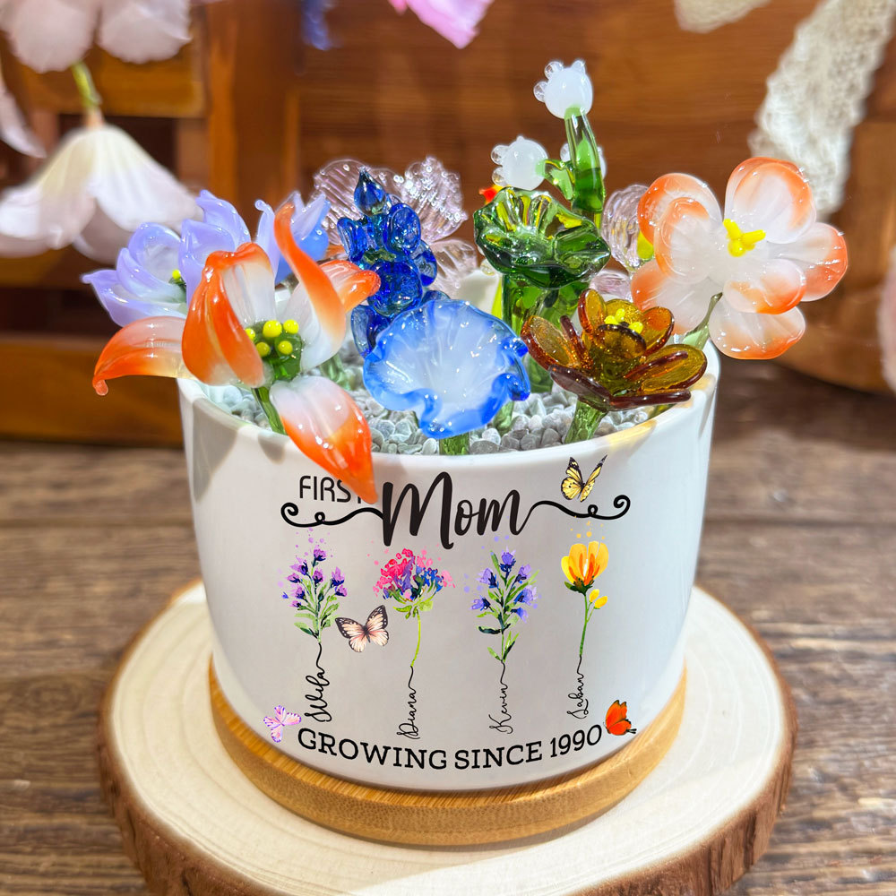 Custom First Mom Now Grandma Birth Flower Pot with Mini Glass Flower Keepsake Gift Mother's Day Gift