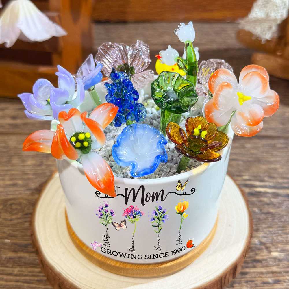 Custom First Mom Now Grandma Birth Flower Pot with Mini Glass Flower Keepsake Gift Mother's Day Gift