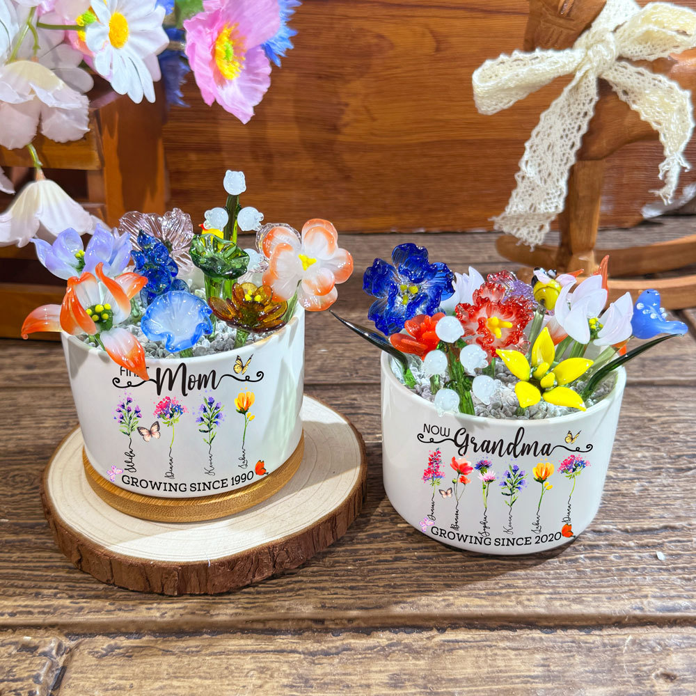 Custom First Mom Now Grandma Birth Flower Pot with Mini Glass Flower Keepsake Gift Mother's Day Gift