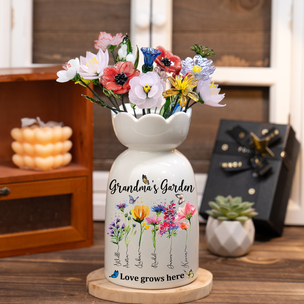 Custom Birth Flower Vase with Glass Flower Mother's Day Gift Keepsake Gift for Mom/Grandma