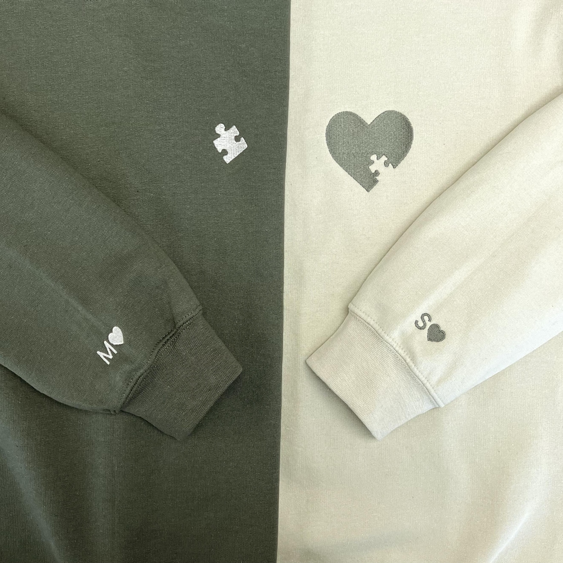 Embroidered Heart and Puzzle Piece Couple Sweatshirt Custom Initial With Heart On Sleeve Couple Hoodie Valentines Day Gift Anniversary Gift