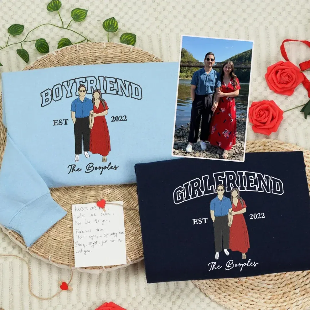 Personalized Embroidered Photo Couple Boyfriend and Girlfriend Matching Sweatshirts