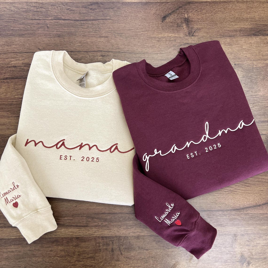 Custom Embroidered Mama EST Sweatshirt with Name on Sleeve-Gift For Mom & Grandma Mother's Day Gift