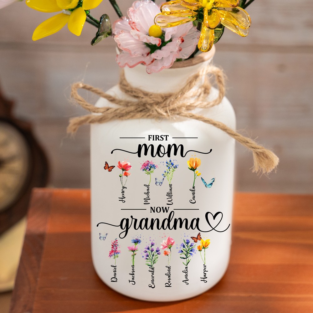 Personalized Birth Flower Vase with Glass Flower Mother's Day Gift Keepsake Gift For Mom/Grandma