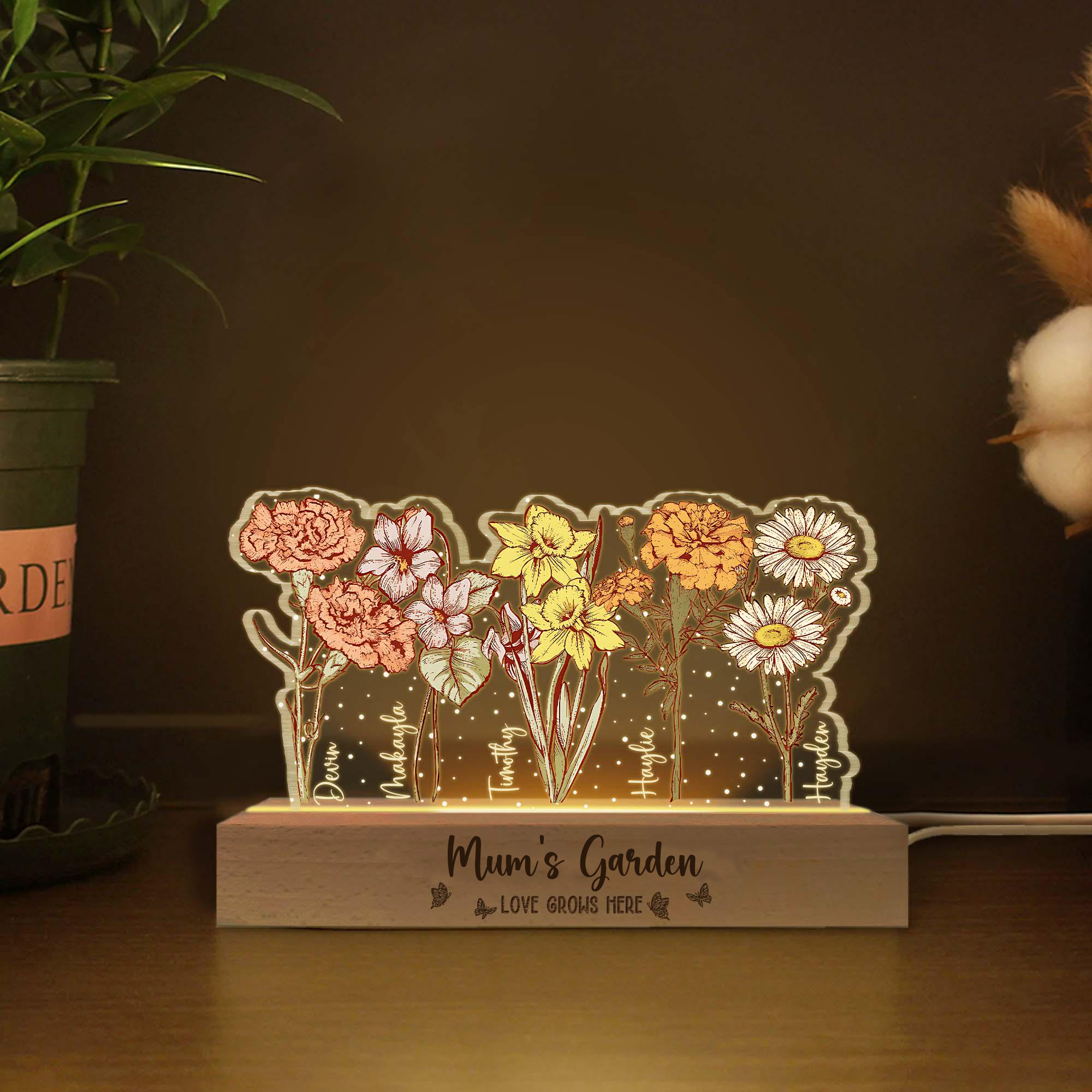 Custom Grandma’s & Mom’s Garden Night Light – Personalized Birth Month Flower LED Lamp | Mother’s Day Gift