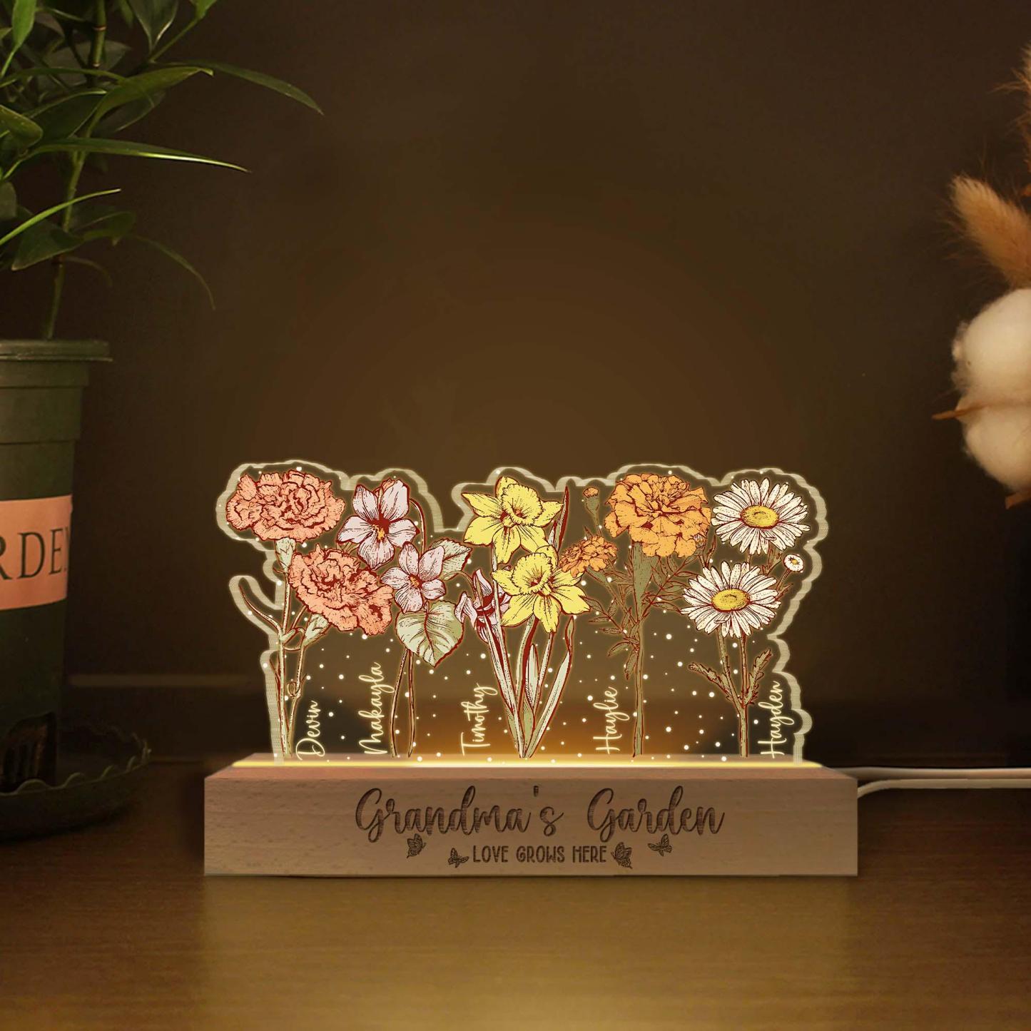 Custom Grandma’s & Mom’s Garden Night Light – Personalized Birth Month Flower LED Lamp | Mother’s Day Gift